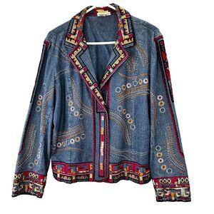 Coldwater Creek Jean Jacket Aztec Southwestern Boho L Snap Embroidered Blue